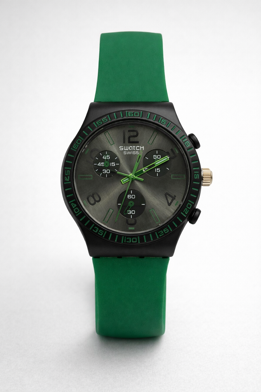 Montre Swatch Swiss Chronographe – Cadran Vert Militaire | Bracelet Silicone Vert | Style Sportif Unisexe