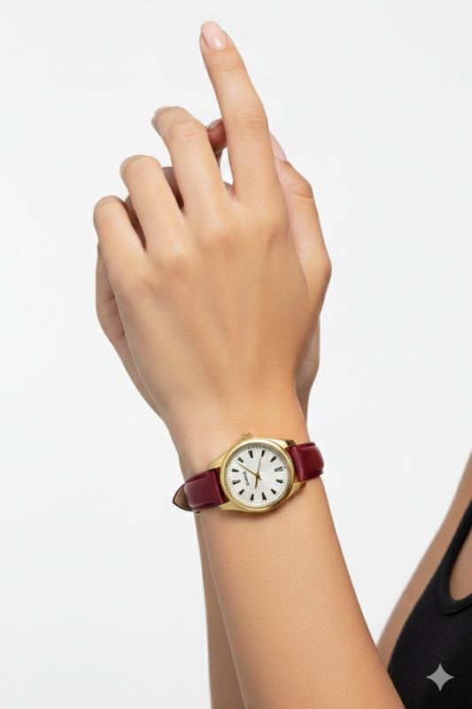 Montre Casio Élégante Analogique à Bracelet en Cuir Bordeaux et Boîtier Doré