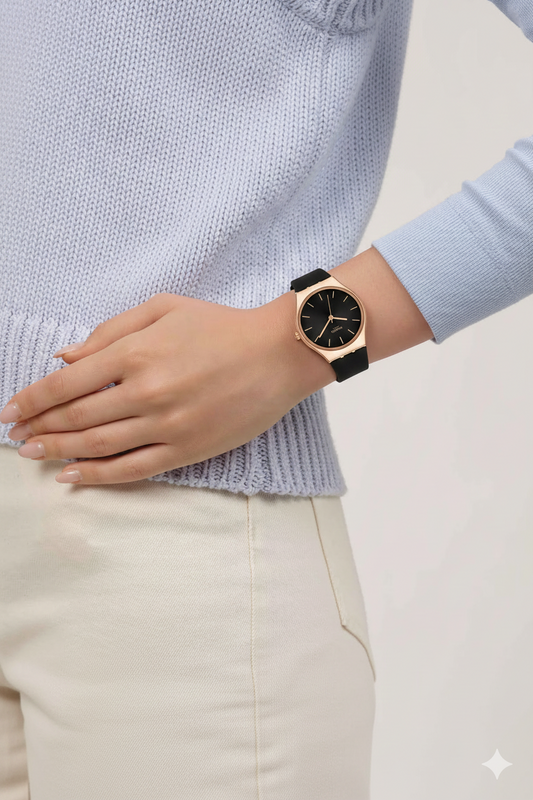 Montre Swatch Swiss Luxueuse – Cadran Noir & Boîtier Or Rose | Bracelet Silicone Noir | DABSHY