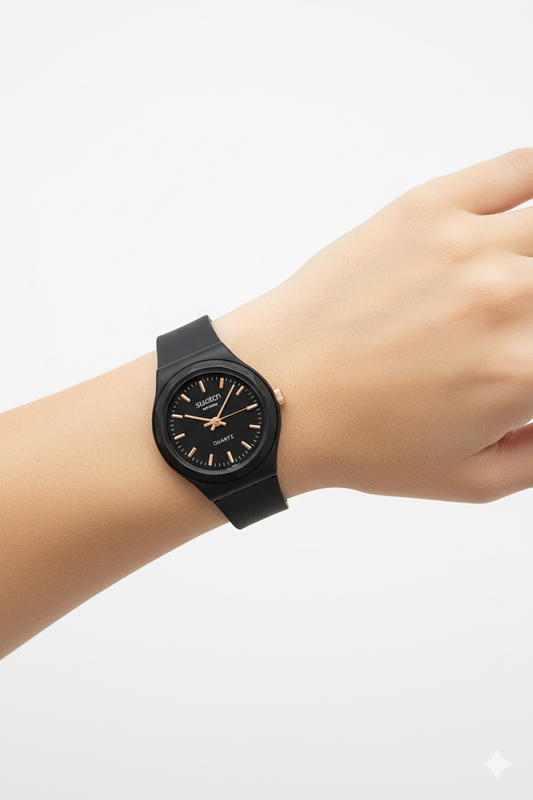 Montre Swatch Noire Mat & Or Rose - L'Élégance Minimaliste