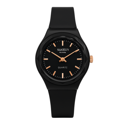 Montre Swatch Noire Mat & Or Rose - L'Élégance Minimaliste