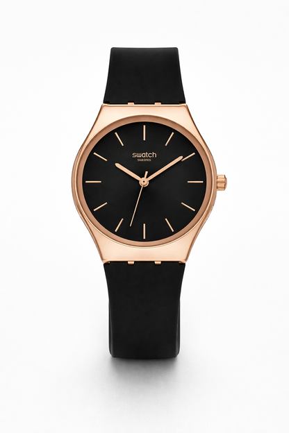 Montre Swatch Swiss Luxueuse – Cadran Noir & Boîtier Or Rose | Bracelet Silicone Noir | DABSHY