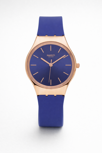 Montre Swatch Swiss Élégante – Cadran Bleu & Boîtier Or Rose | Bracelet Silicone Bleu | DABSHY