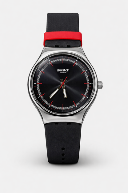 Montre Swatch Swiss Classique – Cadran Noir & Détails Rouges | Bracelet Silicone Noir & Rouge | DABSHY