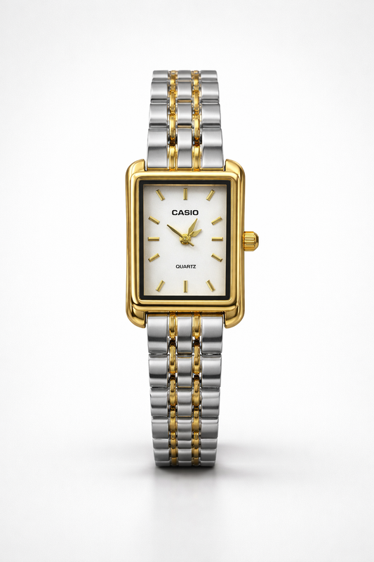 Montre Casio Femme Bicolore Cadran Blanc - Classique Élégante Deux Tons Or & Argent