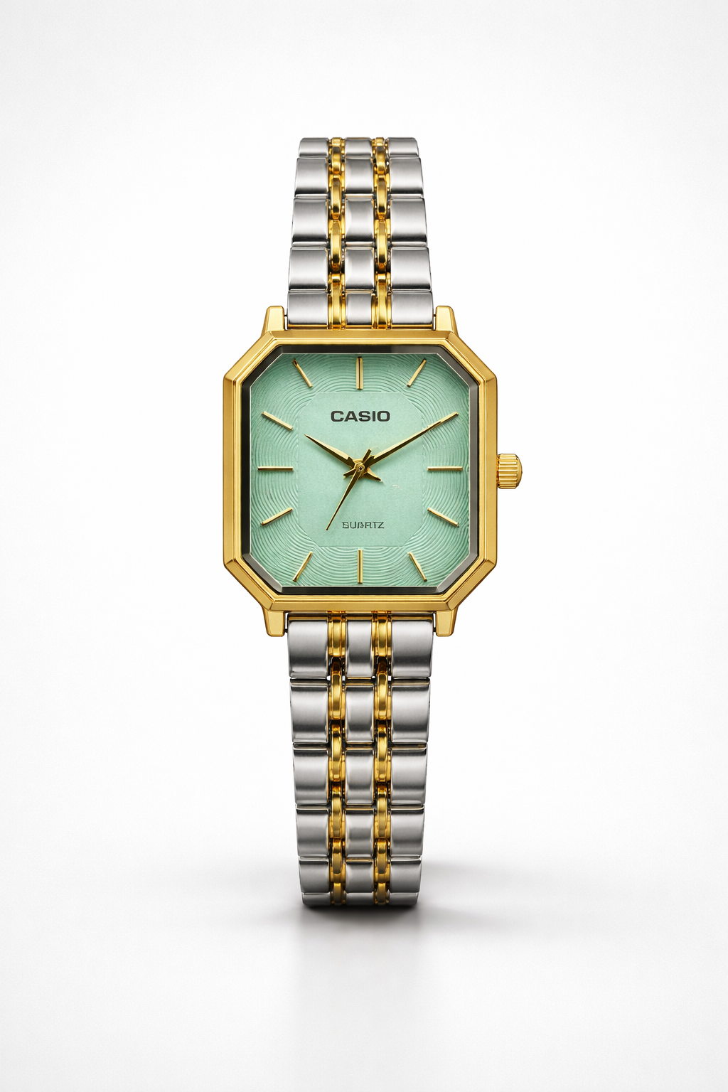 Montre Casio Femme Bicolore Cadran Vert Menthe Texturé - Élégance Octogonale Deux Tons