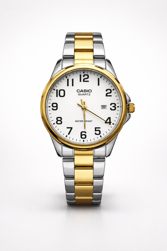 Montre Casio Quartz Bicolore pour Femme - Bracelet Acier Argenté et Doré - Cadran Blanc Chiffres Arabes - Résistante à l'Eau - Élégance Classique