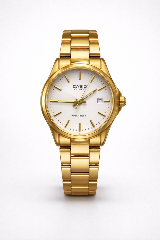 Montre Casio Quartz Dorée pour Femme - Bracelet en Acier Inoxydable Doré - Cadran Blanc - Résistante à l'Eau - Élégante et Intemporelle