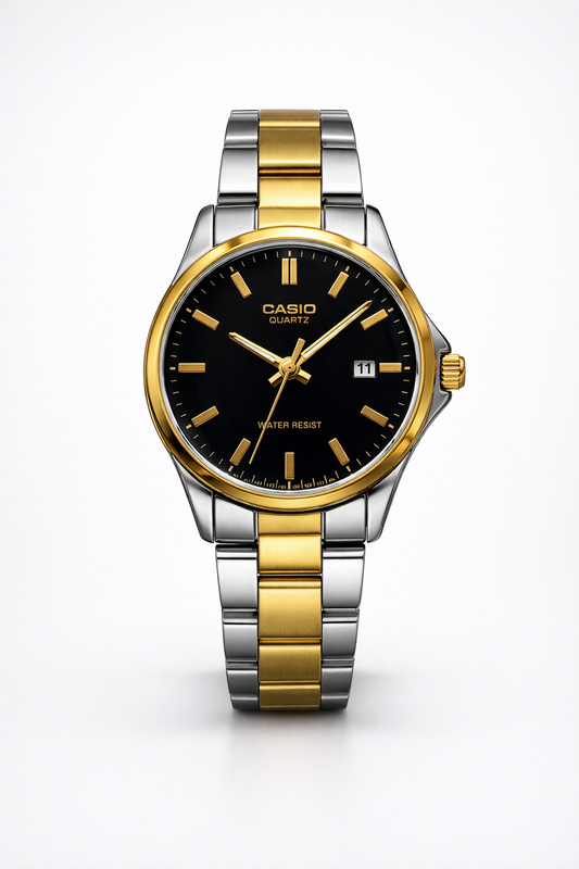 Montre Casio Femme Bicolore Cadran Noir avec Date - Élégance Ronde Classique Deux Tons