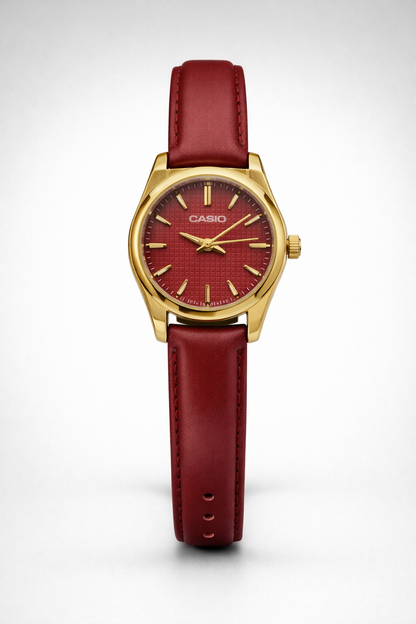 Montre Casio Classique Dorée à Cadran Rouge – Bracelet Cuir Rouge