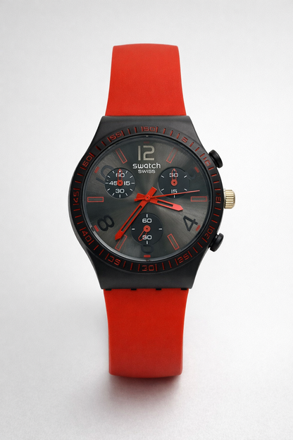 Montre Swatch Swiss Chronographe – Cadran Noir & Rouge | Bracelet Silicone Rouge | Unisexe