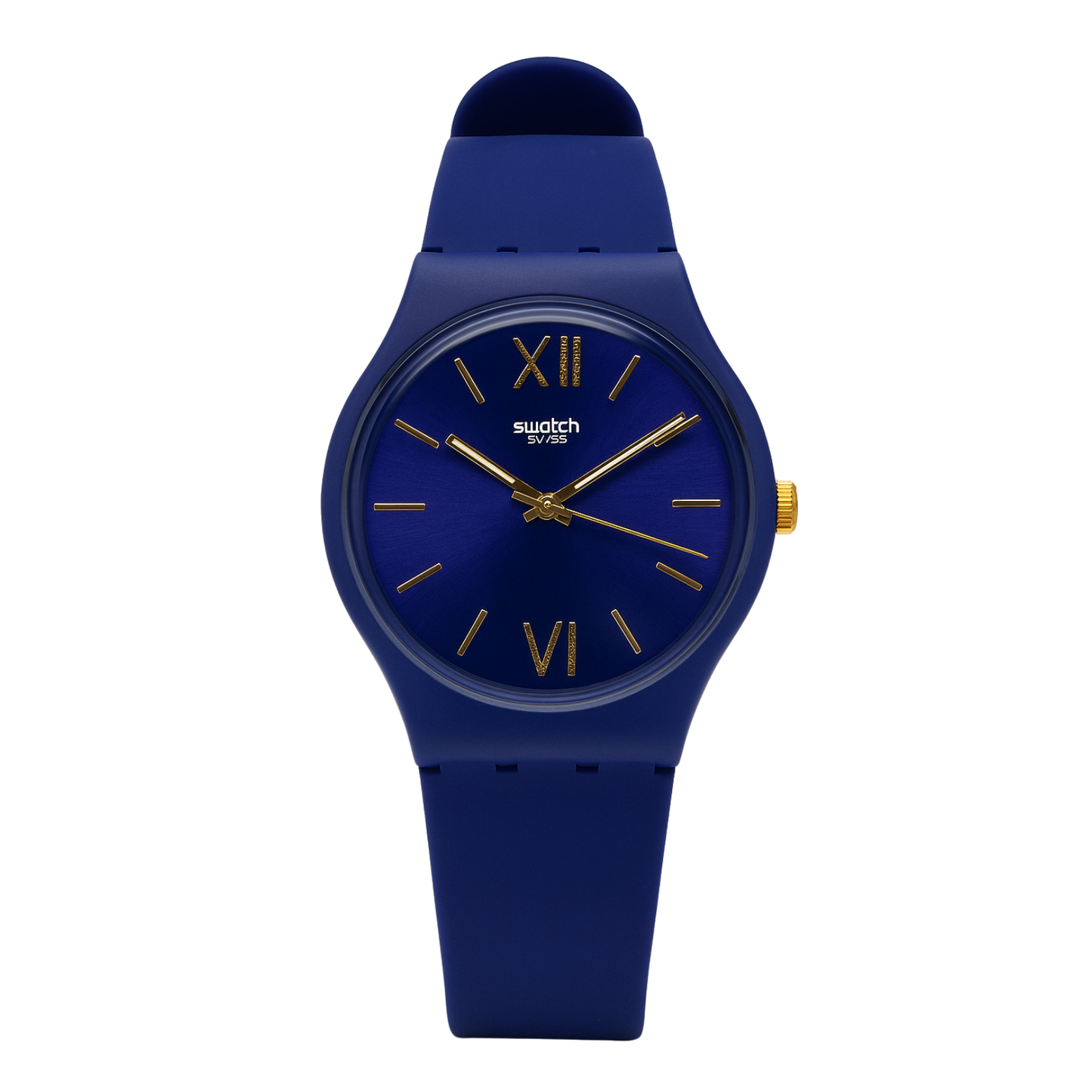 Montre Swatch Bleue Marine Élégante avec Détails Dorés