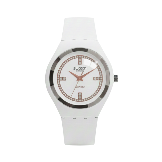 Swatch White Crystal Quartz – Édition Pure Snow (Modèle : SR-WHT38)