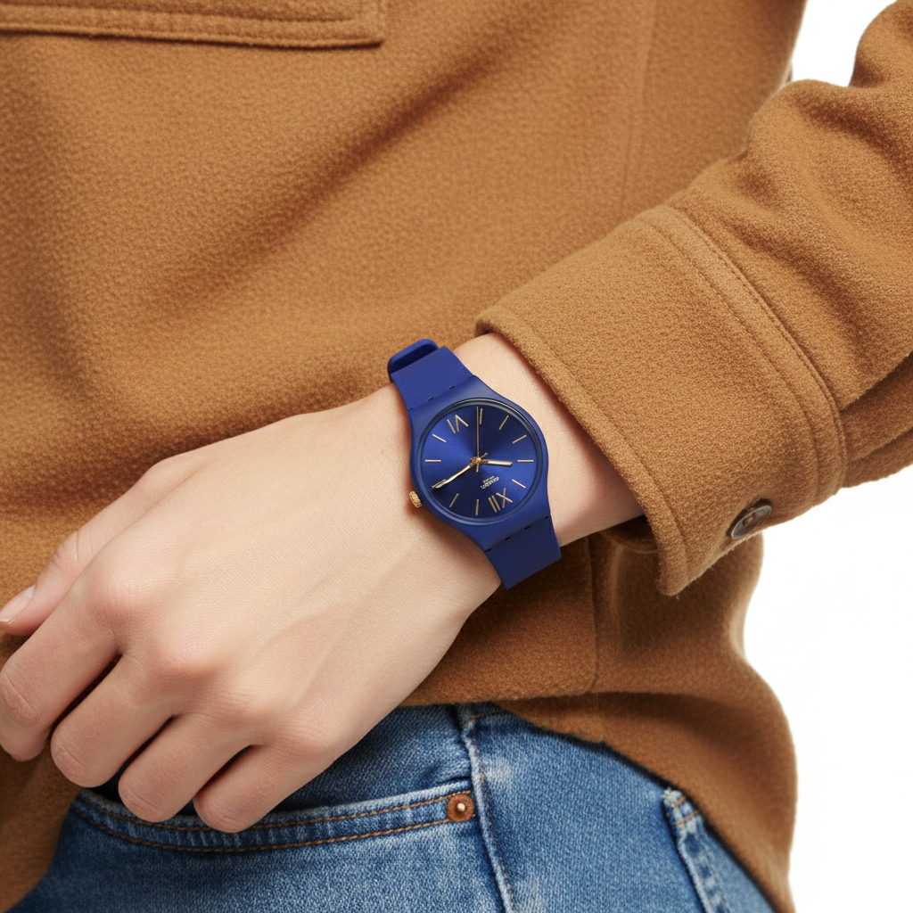Montre Swatch Bleue Marine Élégante avec Détails Dorés