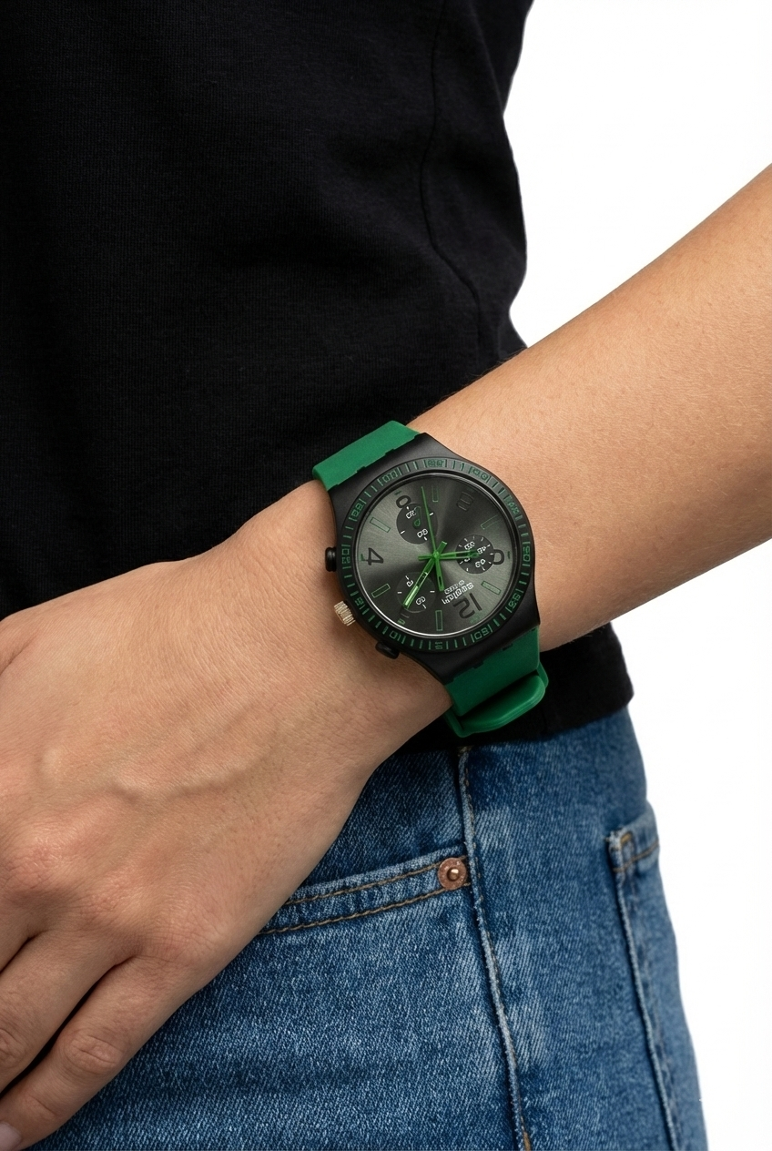 Montre Swatch Swiss Chronographe – Cadran Vert Militaire | Bracelet Silicone Vert | Style Sportif Unisexe