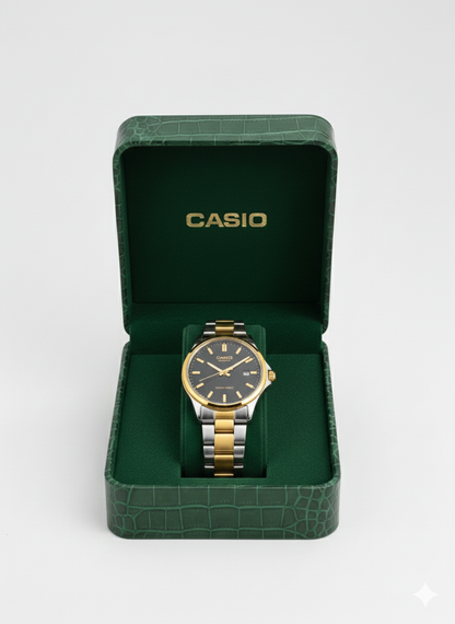 Montre Casio Femme Bicolore Cadran Noir avec Date - Élégance Ronde Classique Deux Tons