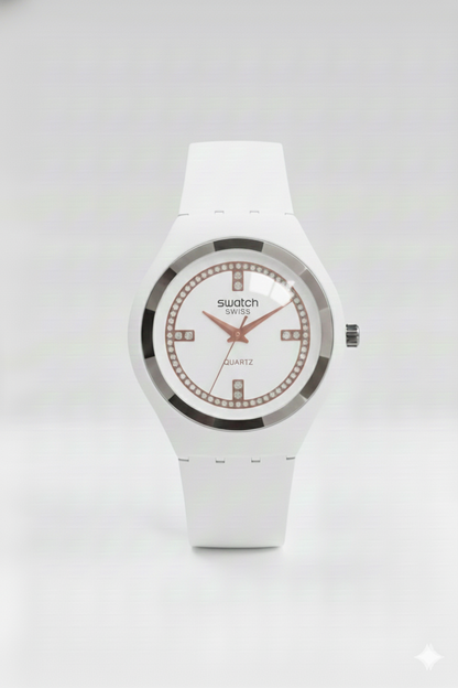 Swatch White Crystal Quartz – Édition Pure Snow (Modèle : SR-WHT38)