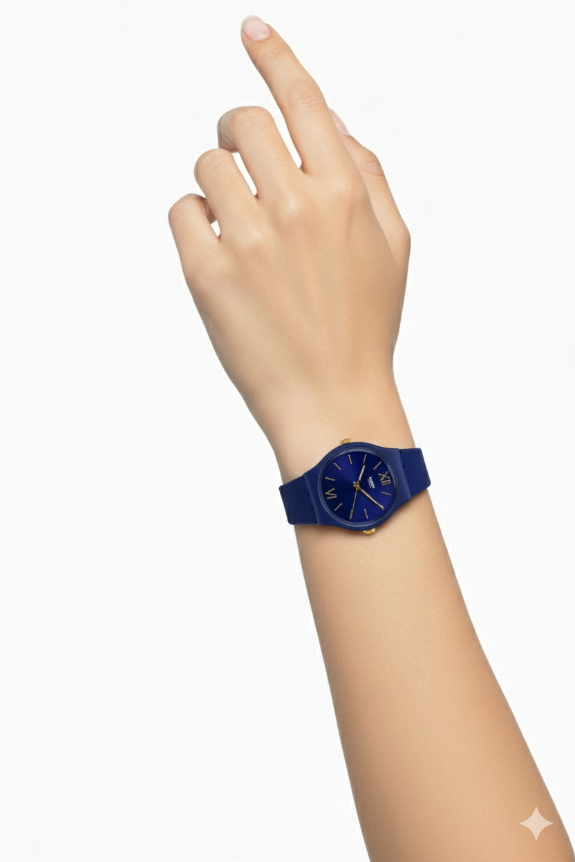 Montre Swatch Bleue Marine Élégante avec Détails Dorés
