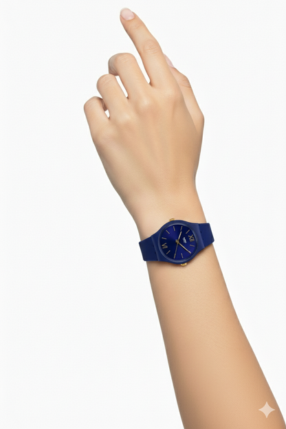 Montre Swatch Bleue Marine Élégante avec Détails Dorés