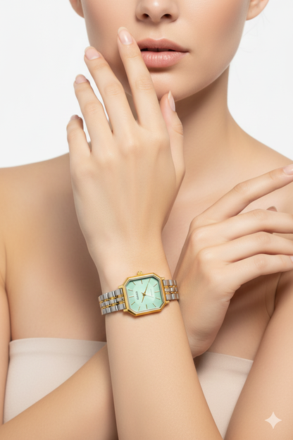 Montre Casio Femme Bicolore Cadran Vert Menthe Texturé - Élégance Octogonale Deux Tons