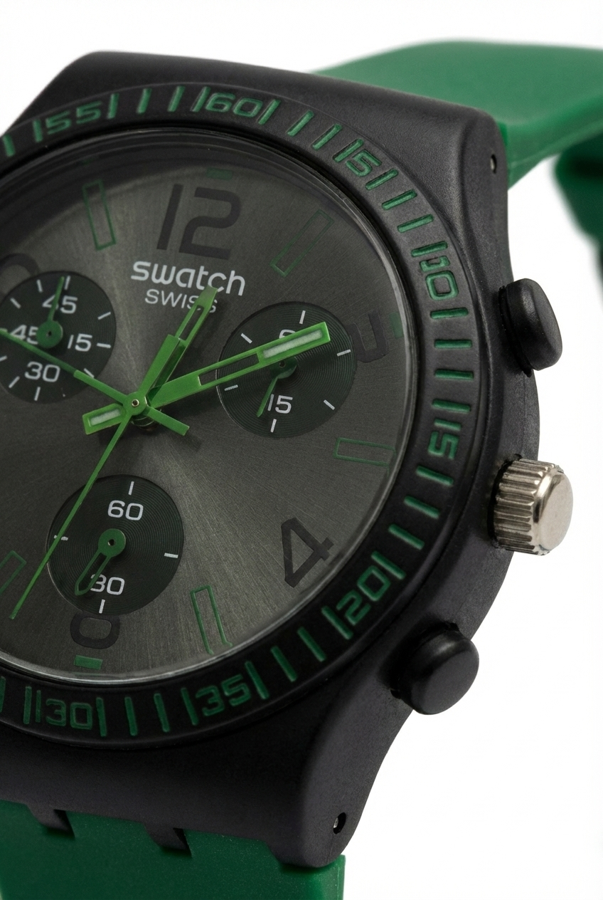 Montre Swatch Swiss Chronographe – Cadran Vert Militaire | Bracelet Silicone Vert | Style Sportif Unisexe