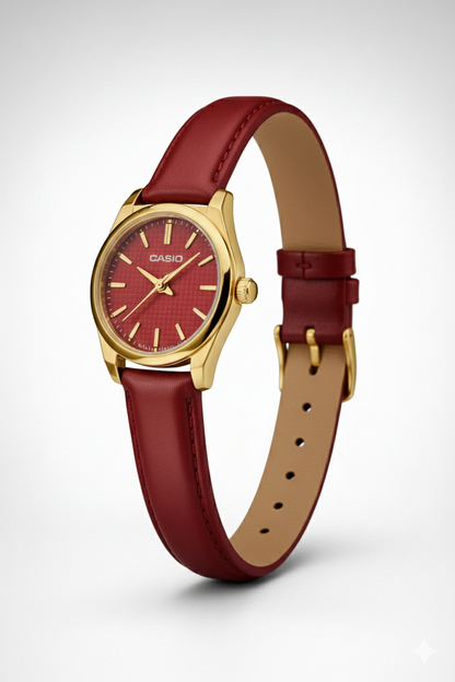 Montre Casio Classique Dorée à Cadran Rouge – Bracelet Cuir Rouge