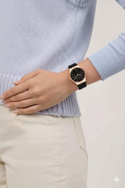 Montre Swatch Swiss Luxueuse – Cadran Noir & Boîtier Or Rose | Bracelet Silicone Noir | DABSHY