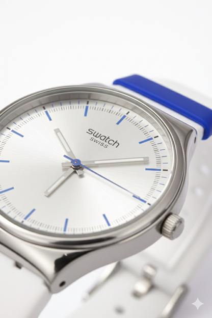 Montre Swatch Swiss Élégante – Cadran Argenté & Détails Bleus | Bracelet Blanc & Bleu | DABSHY