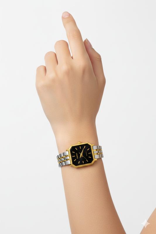 Montre Casio Femme Bicolore Cadran Noir - Élégance Octogonale Luxe Deux Tons