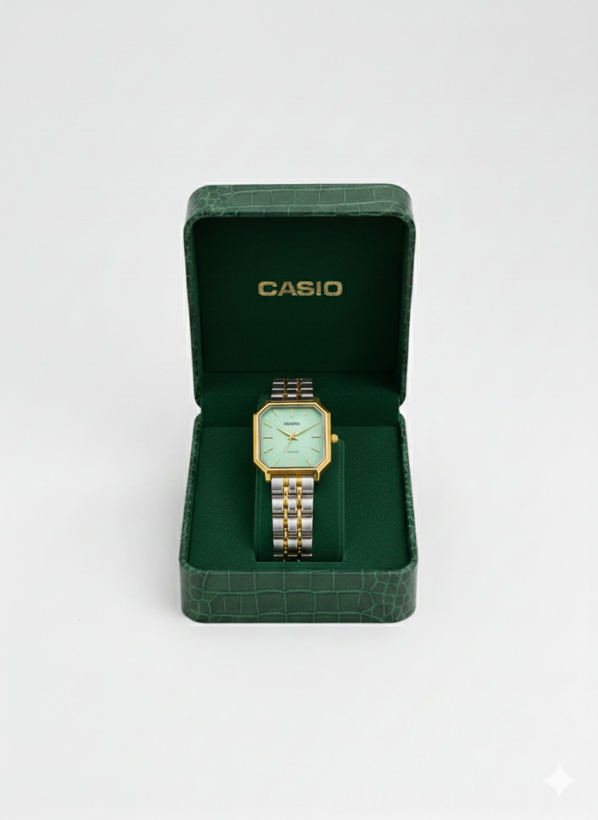 Montre Casio Femme Bicolore Cadran Vert Menthe Texturé - Élégance Octogonale Deux Tons