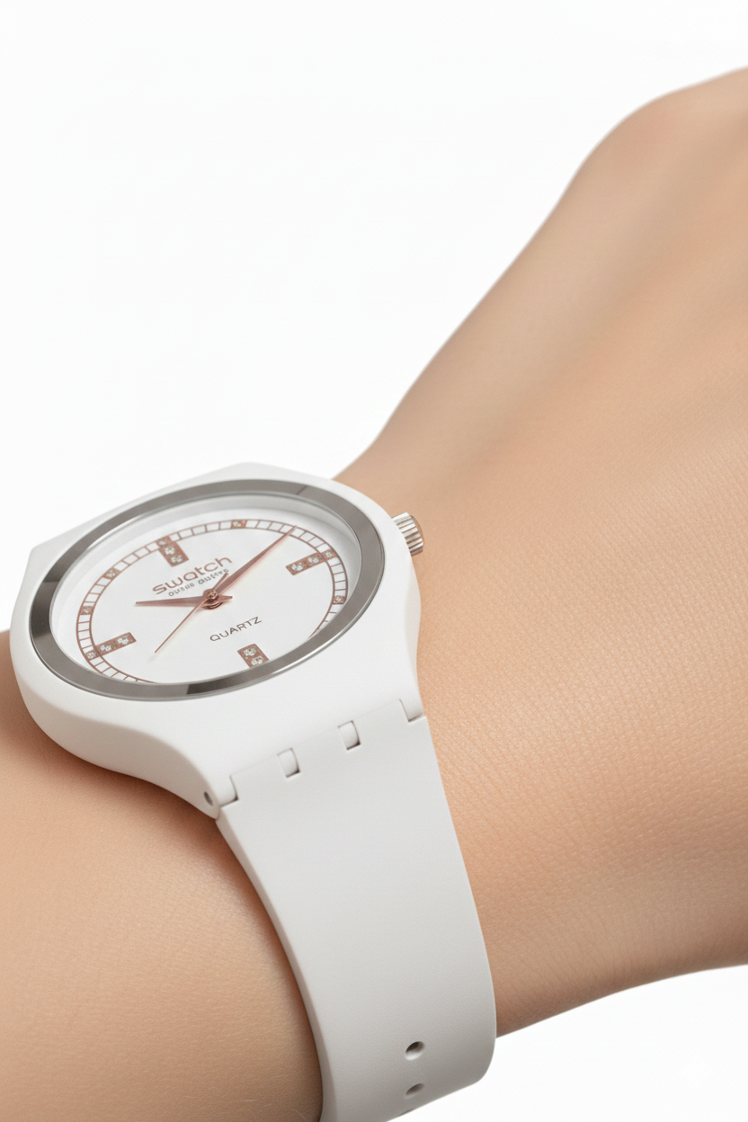 Swatch White Crystal Quartz – Édition Pure Snow (Modèle : SR-WHT38)