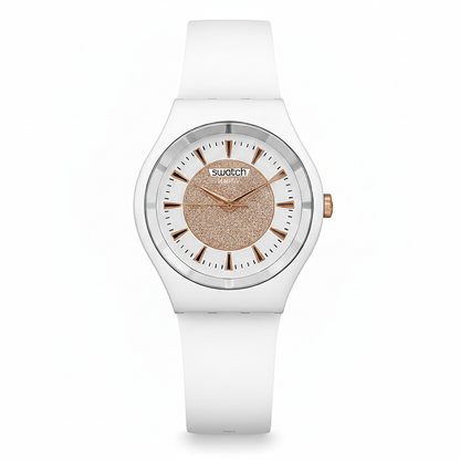 Swatch Femme Blanche Quartz Swiss – Design Élégant Blanc & Beige Doré | Résistante à l’eau, Garantie 2 Ans