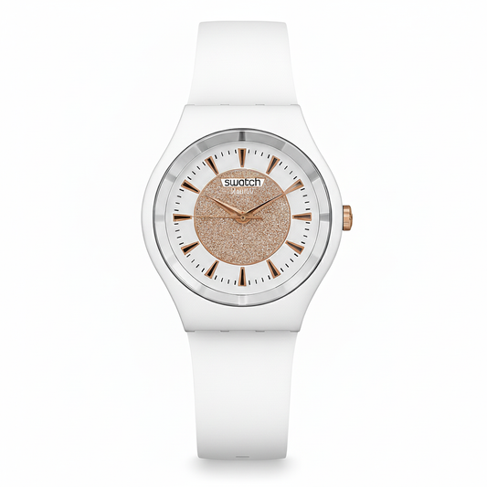 Swatch Femme Blanche Quartz Swiss – Design Élégant Blanc & Beige Doré | Résistante à l’eau, Garantie 2 Ans