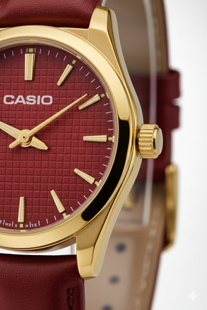 Montre Casio Classique Dorée à Cadran Rouge – Bracelet Cuir Rouge