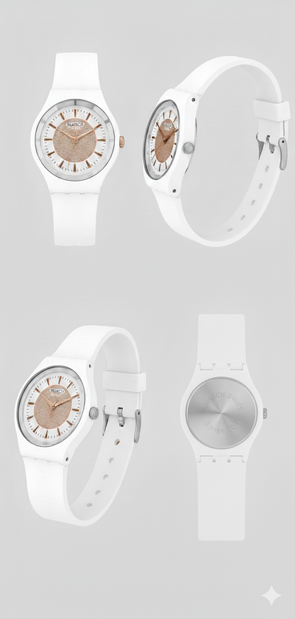 Swatch Femme Blanche Quartz Swiss – Design Élégant Blanc & Beige Doré | Résistante à l’eau, Garantie 2 Ans