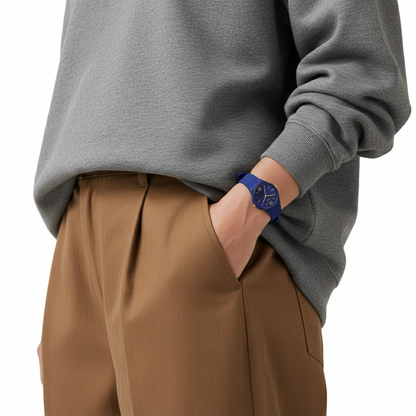 Montre Swatch Bleue Marine Élégante avec Détails Dorés