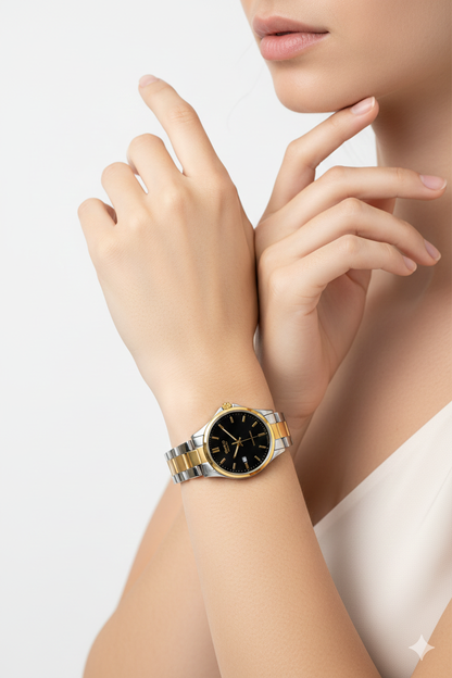 Montre Casio Femme Bicolore Cadran Noir avec Date - Élégance Ronde Classique Deux Tons