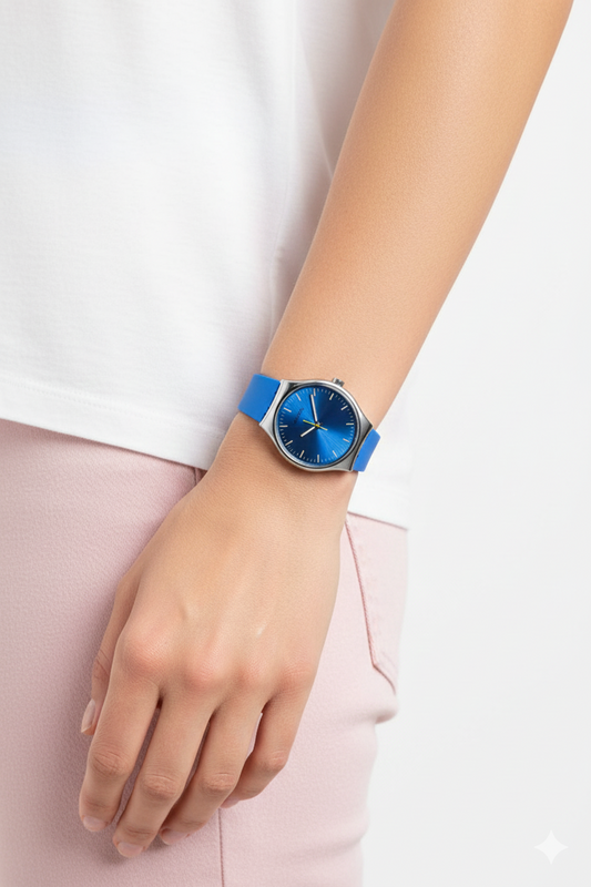 Montre Swatch Swiss Colorée – Cadran Bleu Effet Sunburst | Bracelet Bleu & Jaune | DABSHY