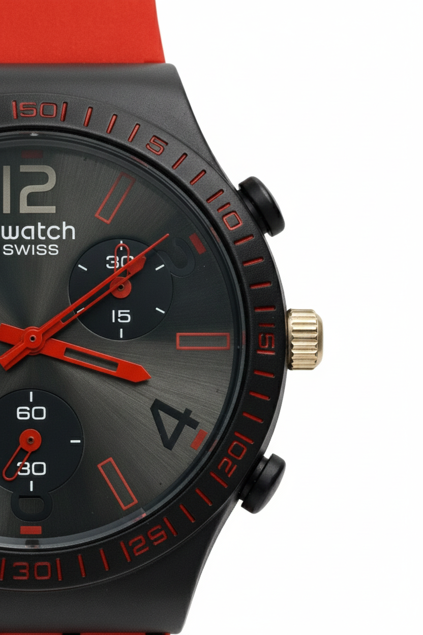 Montre Swatch Swiss Chronographe – Cadran Noir & Rouge | Bracelet Silicone Rouge | Unisexe