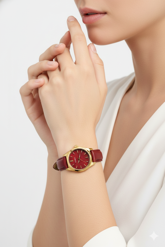 Montre Casio Classique Dorée à Cadran Rouge – Bracelet Cuir Rouge