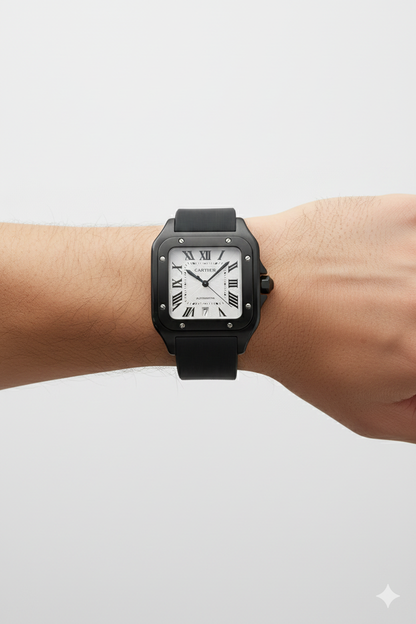 Montre Cartier Santos – Cadran Noir & Boîtier Argent | Élégance Moderne