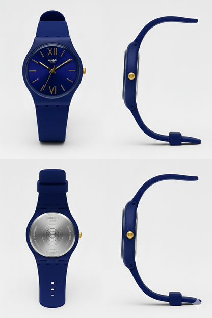 Montre Swatch Bleue Marine Élégante avec Détails Dorés