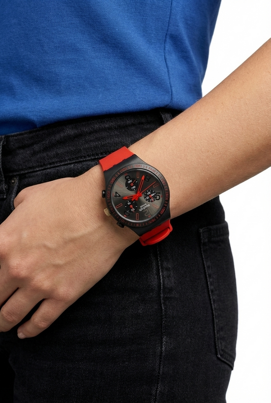 Montre Swatch Swiss Chronographe – Cadran Noir & Rouge | Bracelet Silicone Rouge | Unisexe