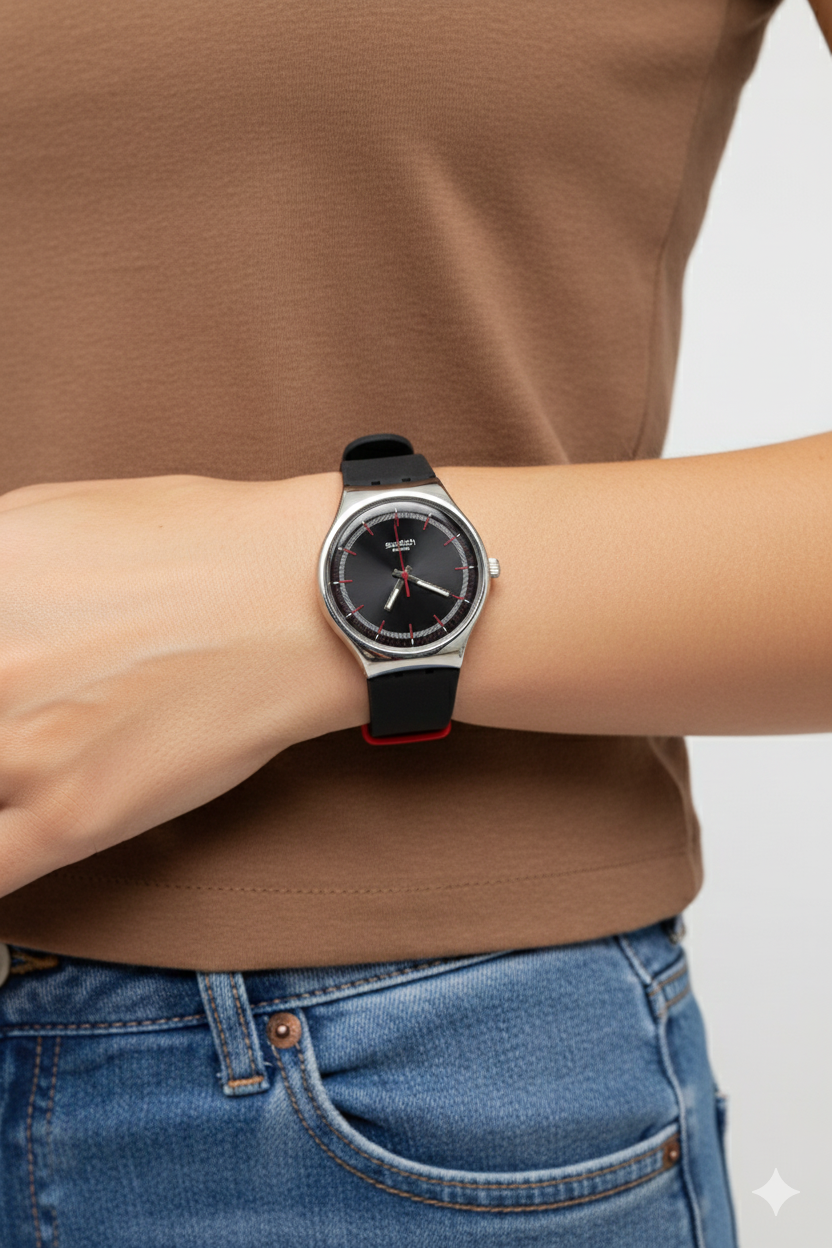 Montre Swatch Swiss Classique – Cadran Noir & Détails Rouges | Bracelet Silicone Noir & Rouge | DABSHY