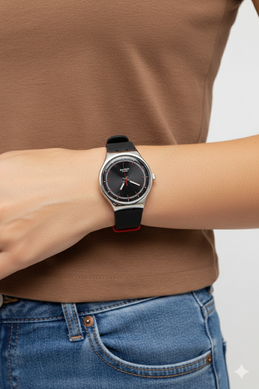 Montre Swatch Swiss Classique – Cadran Noir & Détails Rouges | Bracelet Silicone Noir & Rouge | DABSHY