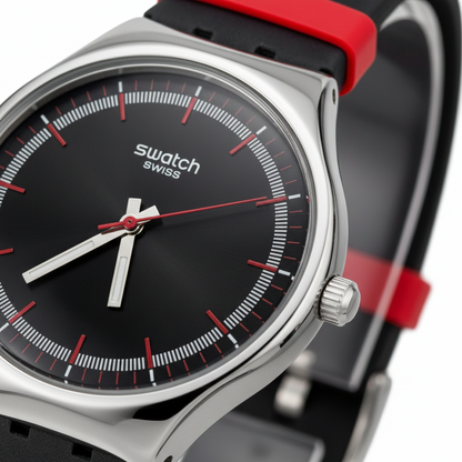 Montre Swatch Swiss Classique – Cadran Noir & Détails Rouges | Bracelet Silicone Noir & Rouge | DABSHY