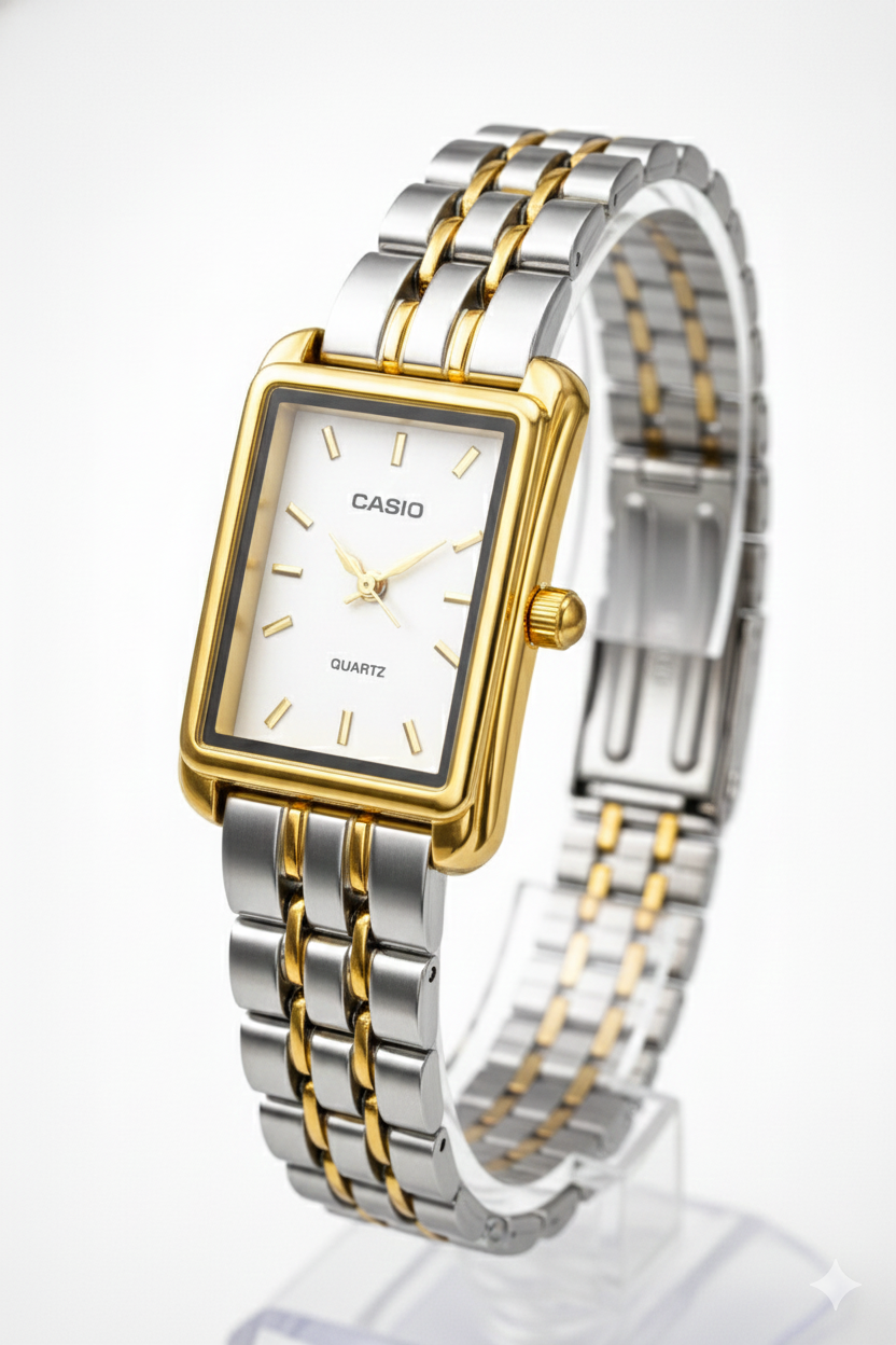 Montre Casio Femme Bicolore Cadran Blanc - Classique Élégante Deux Tons Or & Argent