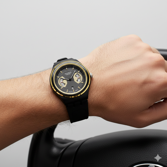 Montre Swatch Chronographe Noire et Or - Design Bicolore Élégant