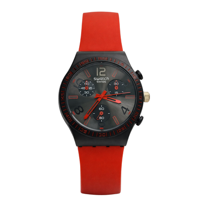 Montre Swatch Swiss Chronographe – Cadran Noir & Rouge | Bracelet Silicone Rouge | Unisexe