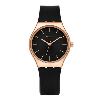 Montre Swatch Swiss Luxueuse – Cadran Noir & Boîtier Or Rose | Bracelet Silicone Noir | DABSHY